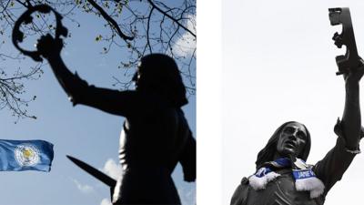 Richard III statue with Leicester football flag