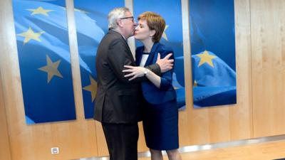 European Commission president Jean-Claude Juncker greets Scotland's First Minister Nicola Sturgeon