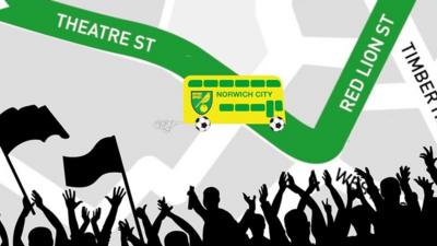 Map of Norwich City promotion parade bus route