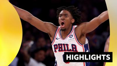 Tyrese Maxey celebrates scoring a three-point