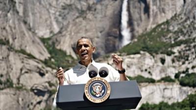 President Barack Obama speaking in Yosemite National Park, California