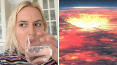 Composite image of a woman drinking from a glass of water and an asteroid hitting the Earth's atmosphere
