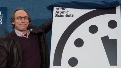 Lawrence Krauss, chair of the Bulletin of Atomic Scientists" Board of Sponsors unveils the "Doomsday Clock" showing that the world is now three minutes away from catastrophe