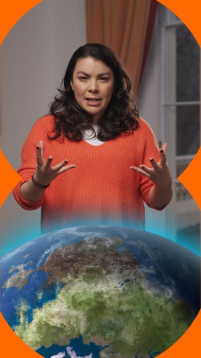 Presenter Cecilia Reed with a graphic of the Earth