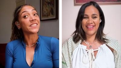 Splitscreen of Miquita and Zawe smiling while chatting on the Miss Me? podcast