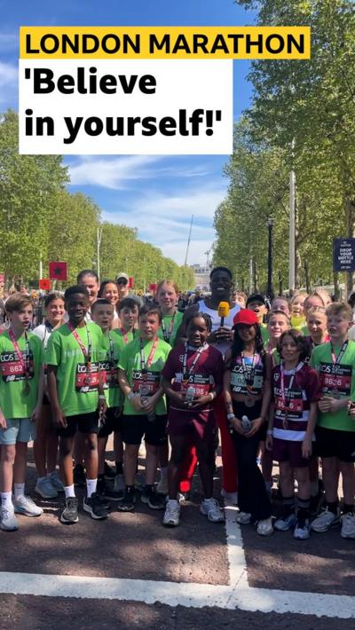 Harry Aikines-Aryeetey and runners from the Mini London Marathon