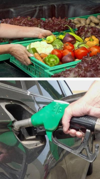 Vegetables and petrol on split screen image 