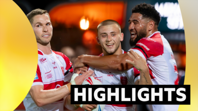 Hull KR's Mikey Lewis celebrates his hat-trick against London Broncos