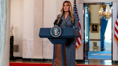 US First Lady Melania Trump speaks in the Cross Hall of the White House in Washington, DC, on April 9, 2026