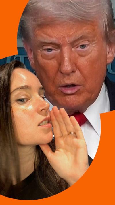 A woman, Lizzy McNeill, holds her hand to her mouth in front of a picture of Donald Trump