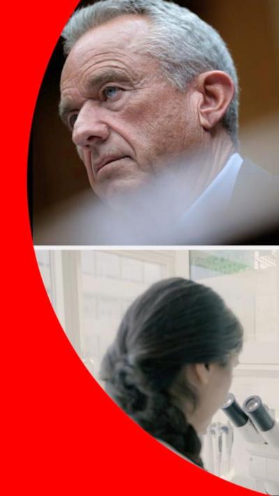 Top - RFK Jr in suit looking to the left. Bottom - the back of a woman's head, with dark hair, looking into a microscope.