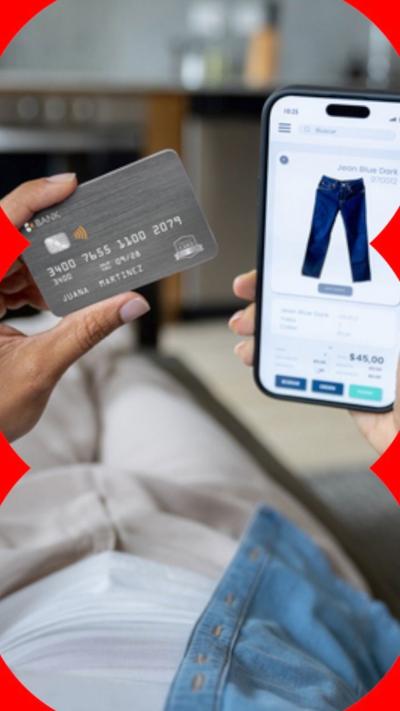 Someone holding a bank card in one hand and a phone, with a pair of jeans on screen, in the other hand.