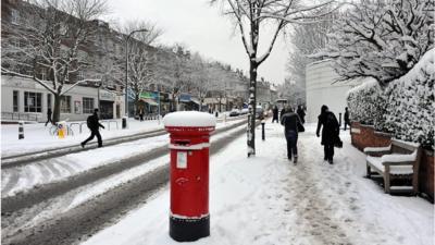 A snowy street scene