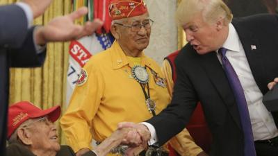 President Trump mocked a political rival as Pocahontas - as he welcomed Native Americans to the White House.