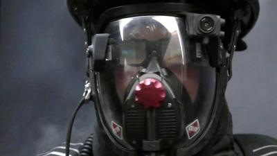 A firefighting helmet fitted with the C-Thru device