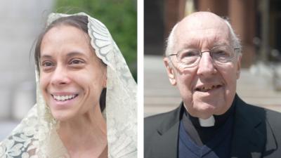A split screen showing two interviews, a priest on the right and a woman on the left.