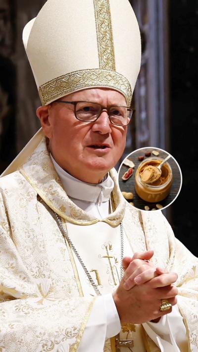 Composite image of cardinal in full outfit with a small circular image of a jar of peanut butter superimposed on top