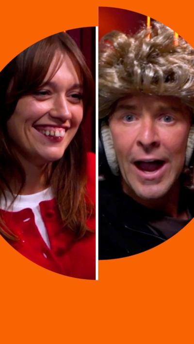 Split screen: Aimee Lou Wood, left, in red, smiling. Scott Mills, right, wearing a blond wig and headphones, mid-sentence.