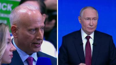 A split screen image. On the left, the BBC's Steve Rosenberg. On the right, Russia leader Vladimir Putin