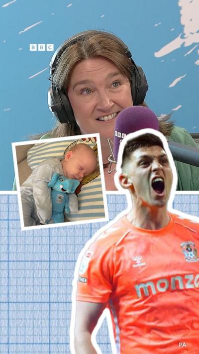 A composite of a female radio presenter, a newborn baby and a footballer in an orange shirt