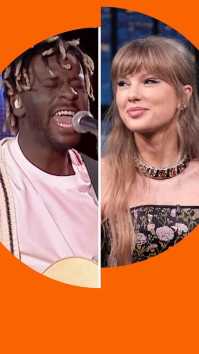 Composite image of Myles Smith singing into a mic and Taylor Swift smiling on a TV chat show set