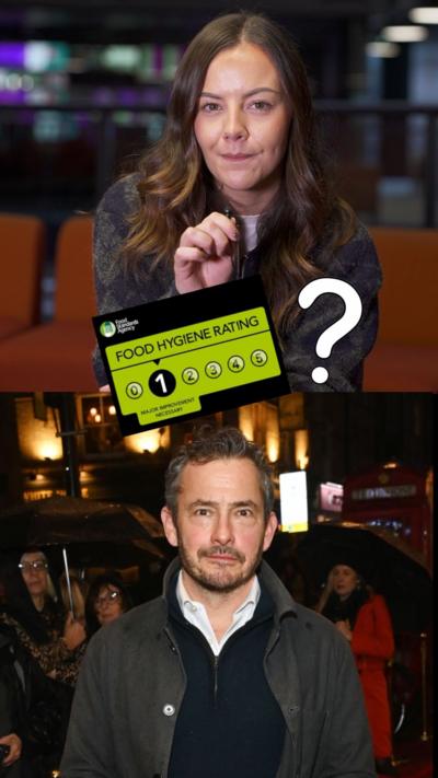 Above is an image of a woman with brown hair and looking at the camera. Under her is a food hygiene rating picture, which shows one our of five. Under that is a picture of a man with short salt and pepper hair wearing a grey jacket over a blue jumper and white shirt.