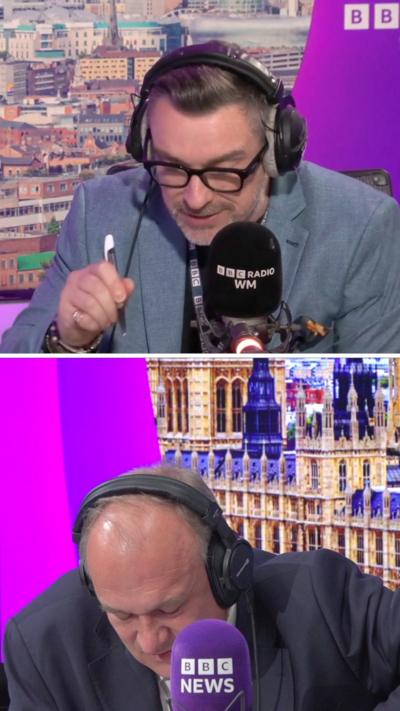 Composite image of two men in purple branded bbc radio studios. The top man has glasses and a grey jacket. The bottom man has a blue suit on