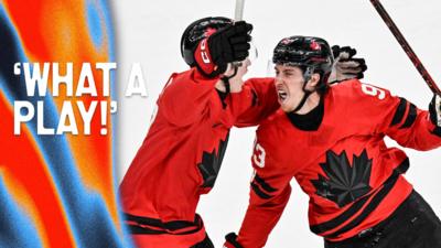 Mitch Marner celebrates scoring the winning goal for Canada in the men's ice hockey quarter finals in the 2026 Winter Olympics