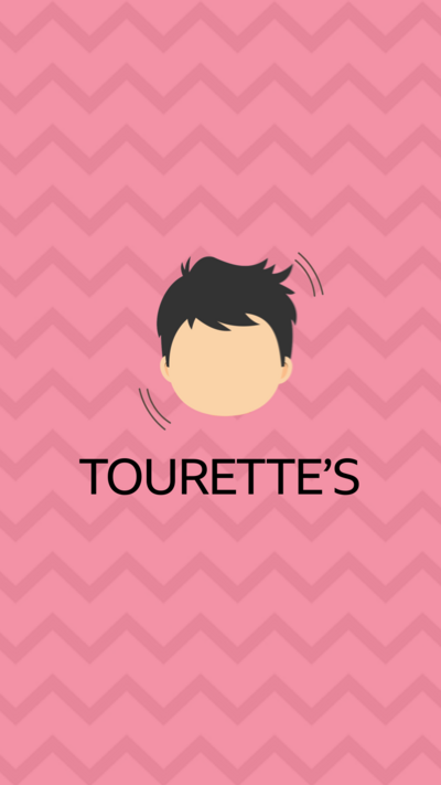 An image of a boys head and the text 'tourette's' underneath the graphic.