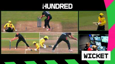Review of Mitch Santner being run out as his bat is just short of the crease