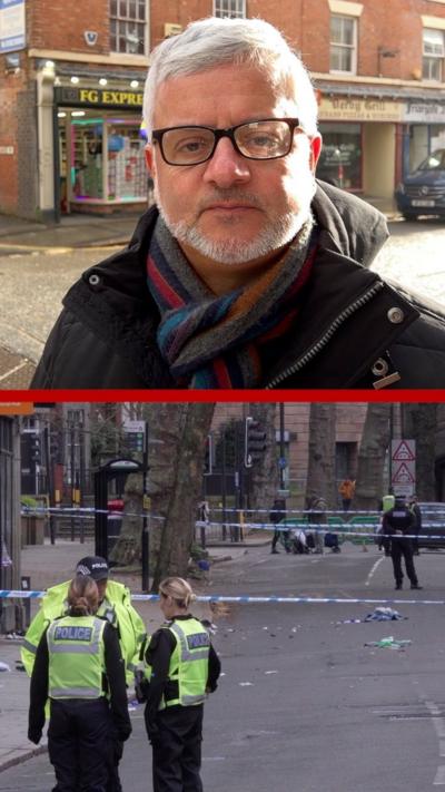  Split screen of reporter looking at camera and, below, thereee police offices talking on a cordoned off road