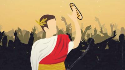 Illustration of a Roman Emperor holding up an object to the crowd