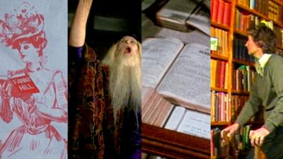 A collage featuring books and a man dressed as Dumbledore.