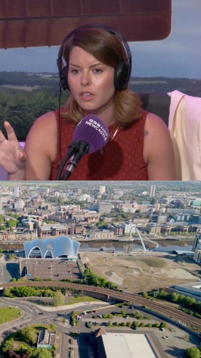 North East mayor Kim McGuinness in a radio studio getting interviewed with headphones on. The lower image shows Gateshead Quayside where the arena development is taking place.