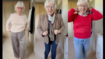 Three pictures of a woman in her 80s in different outfits