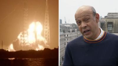 On the left, a rocket explosion. On the right, Pallab Bhosh wearing a dark blue jumper.