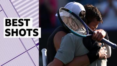 Jack Draper'sand Jack Pinnington Jones share a hug at the end of their match at Eastbourne