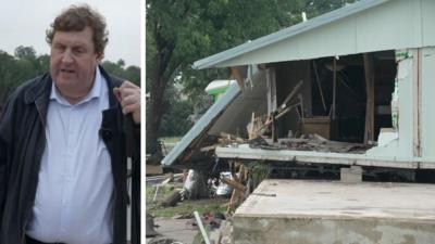 BBC's Gary O'Donoghue on left side, and destroyed house on right side