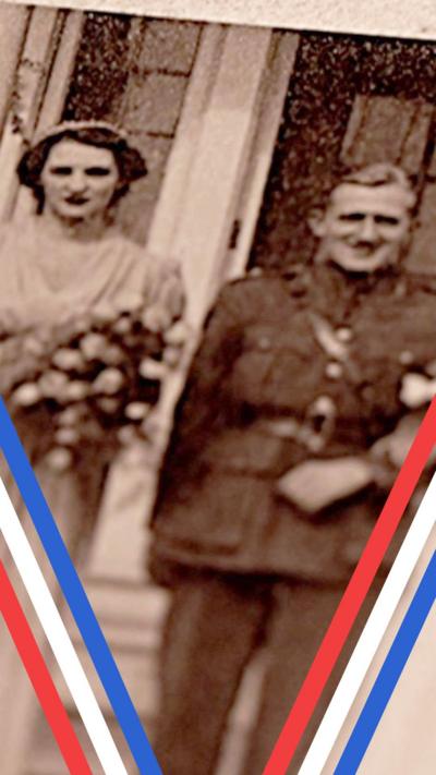 A sepia-colour archive photo of Margaret and Rex stood together on some steps outside a building on their wedding day. She is wearing her wedding dress and holding flowers, while he is smiling in military uniform.