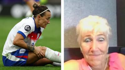Split image of Bronze on the pitch, holding her leg, and her mum speaking to Woman's Hour programme from home