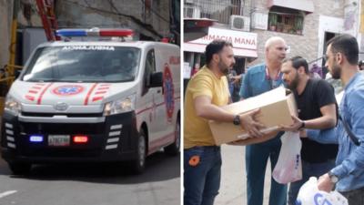Split screen image of an ambulance on the left, four men on the right