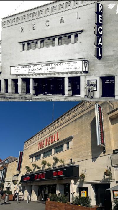 Two pictures of the Regal, one at the top showing it in older times in black and white, and one underneath showing it as it is today