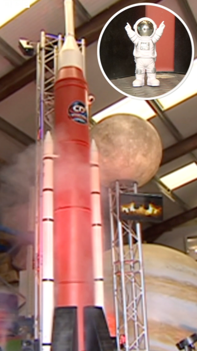 The interactive replica of the spacecraft in a hangar.