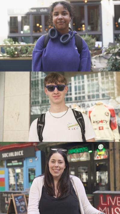 Three people, a woman in a purple jumper with headphones around her neck, a young man in blue sunglasses in a t-shirt and backpack and a woman in a black blouse and white cardigan