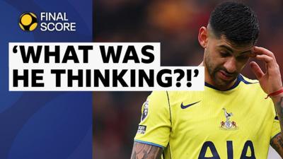 Cristian Romero scratches his head after being sent off at Old Trafford