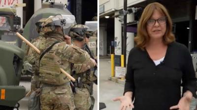 A composite image, with National Guard members in the left image and BBC News reporter Regan Morris talking in the image on the right. Regan Morris has short ginger hair and is wearing black-rimmed glasses and a black jumper.