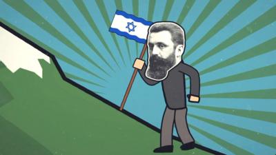 Image of man with a black and white photographic bearded face, carrying a flag up a steep hill