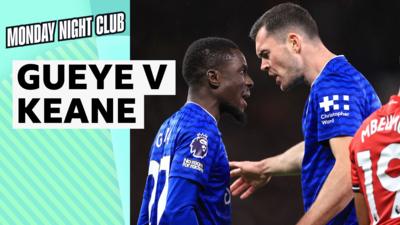 Idrissa Gueye and Michael Keane argue in the Everton home kit next to a caption saying, 'Gueye v Keane'.