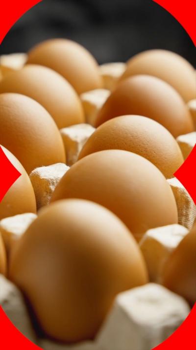 Rows of hens' eggs in an egg box.