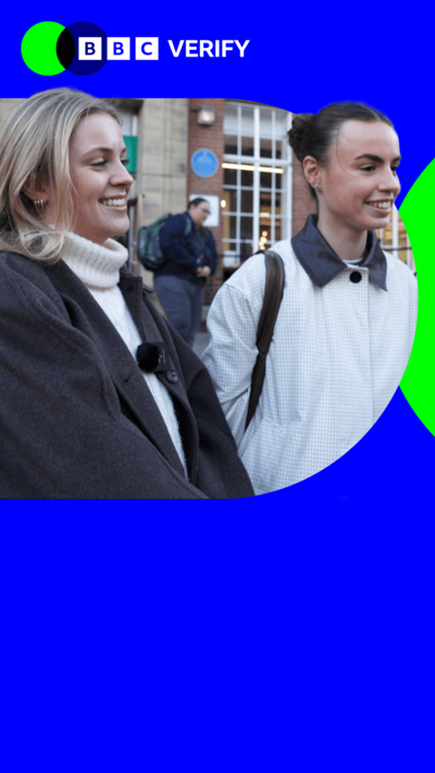 Two young women speak to a BBC reporter. They are imposed over BBC Verify colours and branding. 